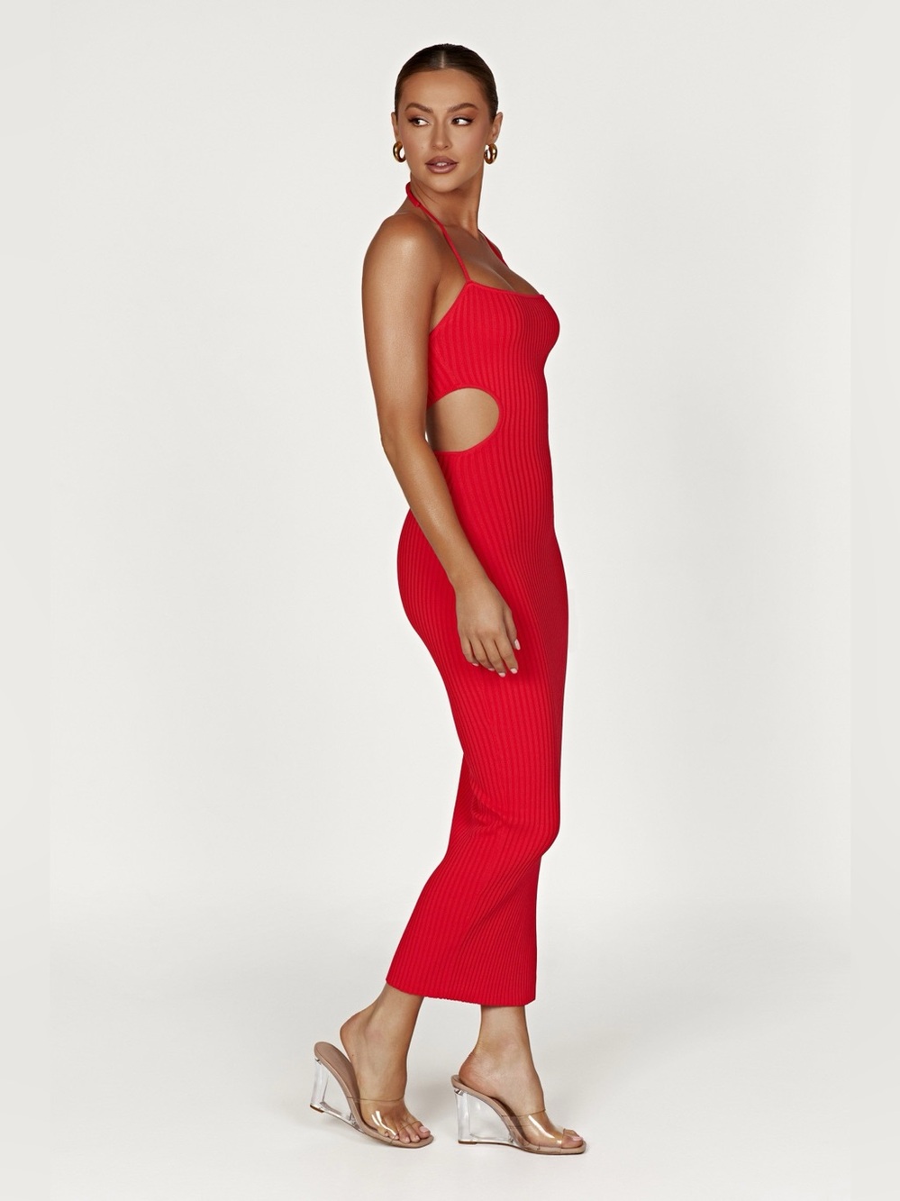 Meshki Red Ribbed Morgan Halter-Back Maxi Dress - Picture 4 of 9